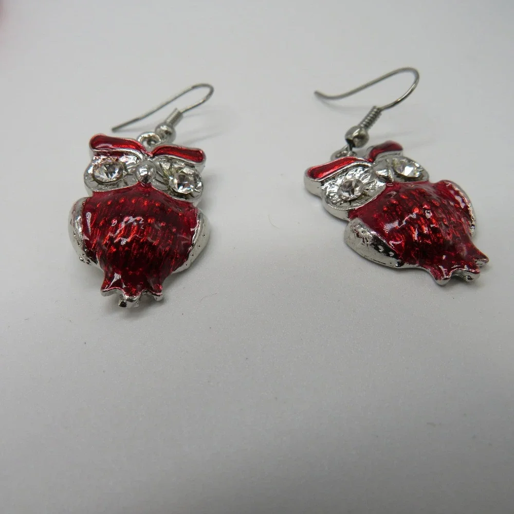 Red Owl Enamel Jewelry Set Necklace and Earrings Rhinestone Eyes 16 Inch